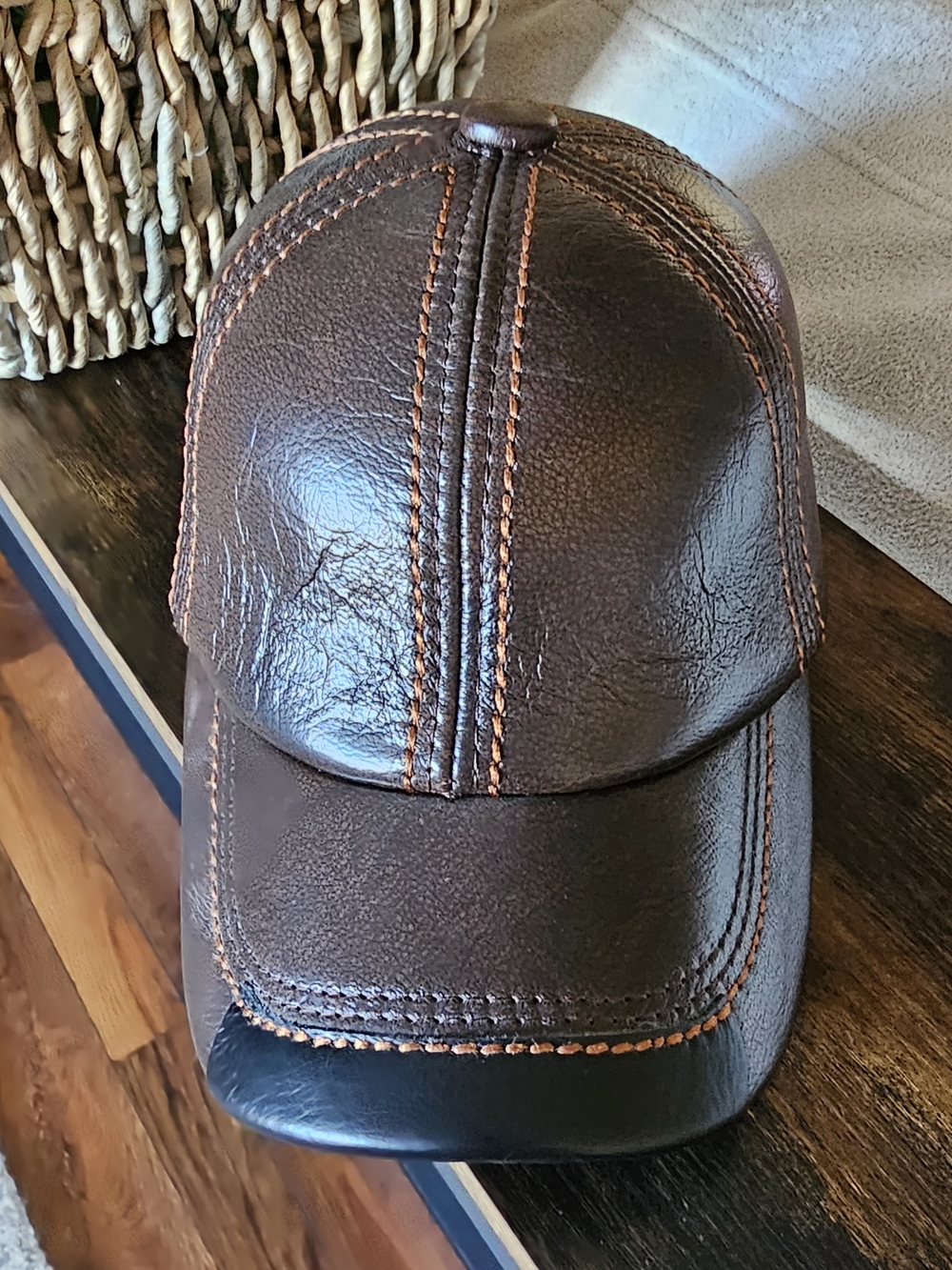 Brown Black Leather Baseball Cap with Orange Contrast Stitching